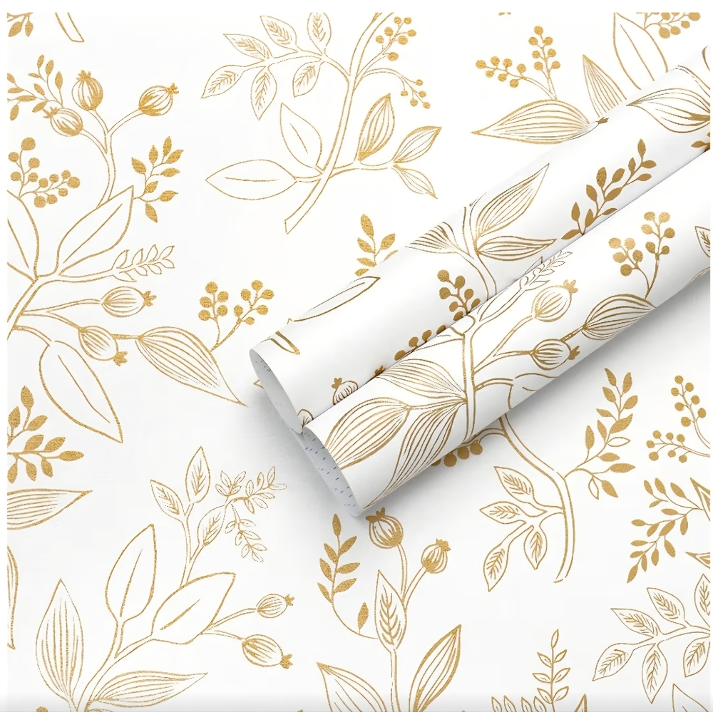 4 Rolls Floral Wallpaper Peel and Stick White and Gold Contact Paper Modern 